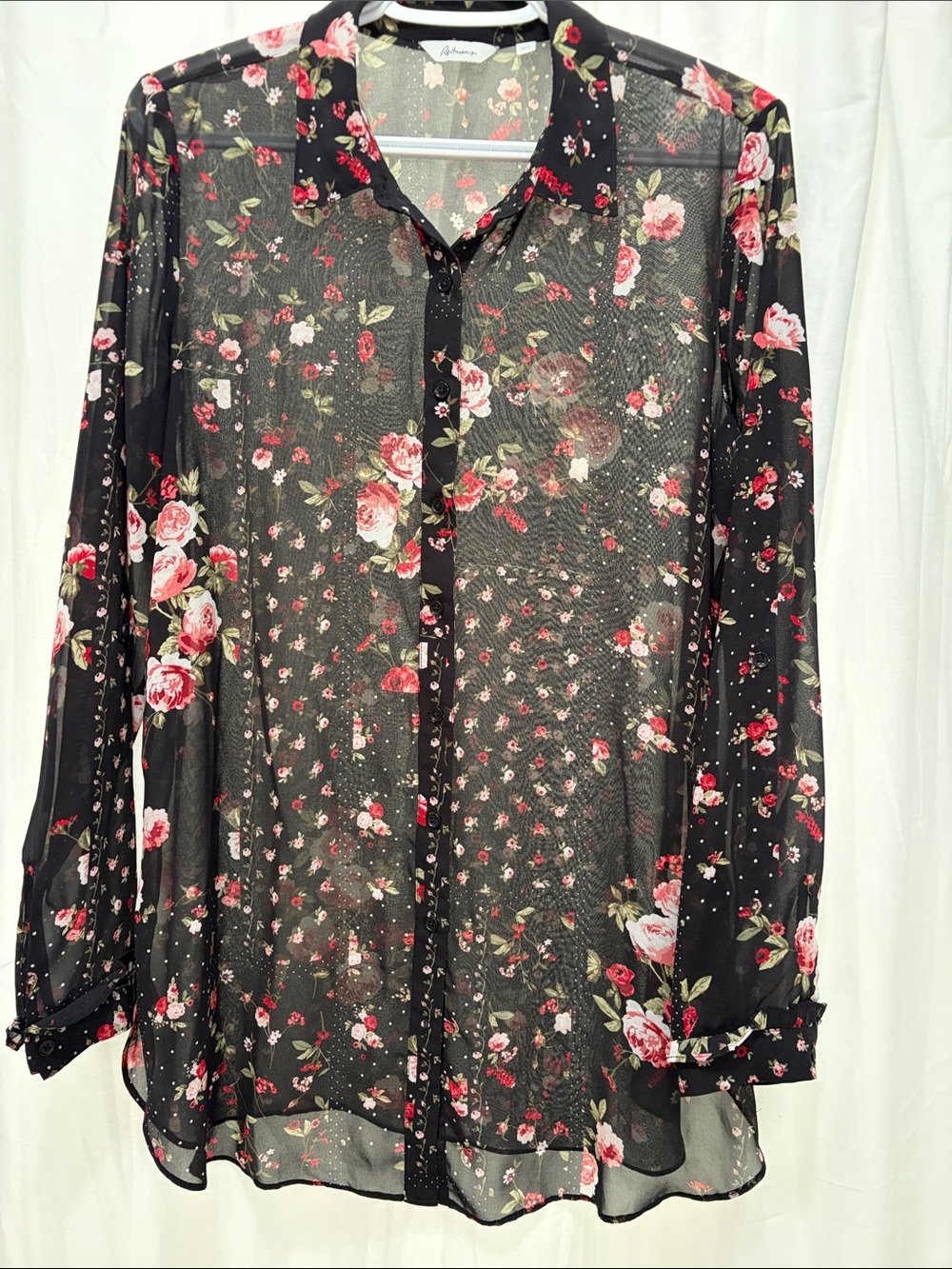 Reitmans Black Sheer Floral Button-Up Blouse with Pink Roses - Picture 2 of 6